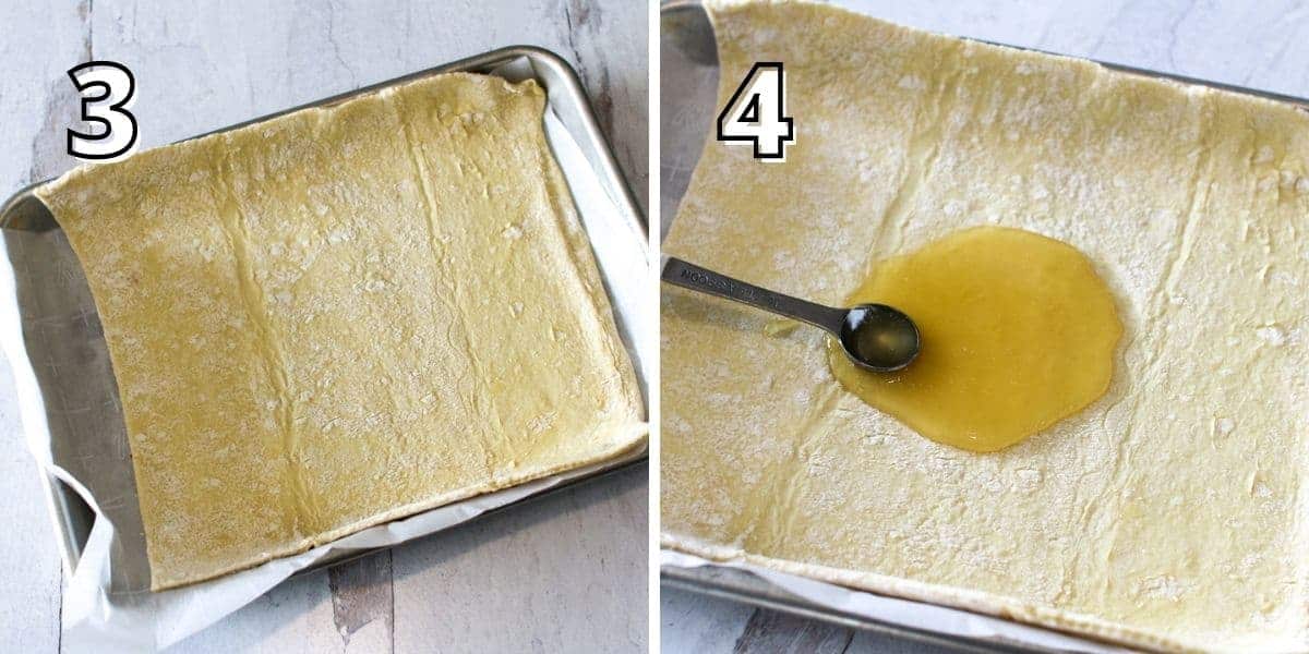 Side by side photos. A number is in the upper left corner in white font with a black outline. The left photo with a '3' shows a sheet of puff pastry on a small sheet pan with parchment paper. The right photo shows truffle honey in the center of a piece of paper towel. 