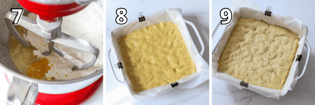 Lemon Lavender Bars Step. 7-9. Step 7: flour, lemon juice, lemon zest added to the stand mixer, step 8: the cookie mixture is in the prepared square baking dish flattened out, step 9: the cookie bar is baked, lightly golden around the edges and the top is a blond color