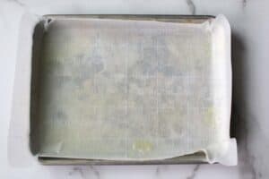 Overhead of a small baking pan lined with parchment paper and sprayed with non-stick spray