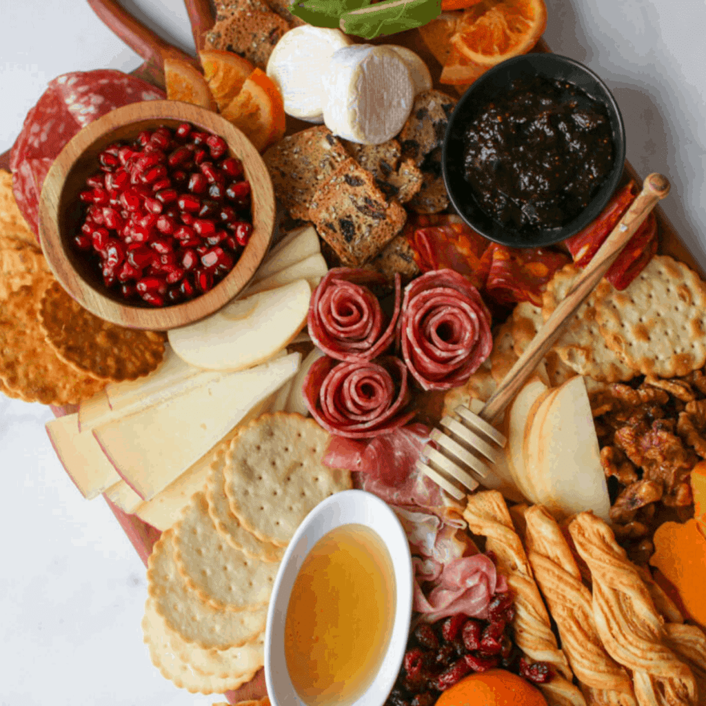 Angle overhead of Trader Joe's Winter Cheese & Charcuterie Board