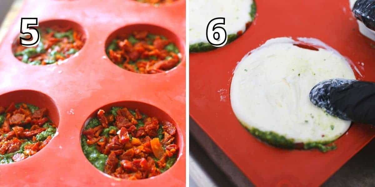 Side by side photos. With an upper left number in white text with black outline. In the left photo there is a '5'.  '4' and pesto with sun-dried tomato is in each cavity of a red silicone semi-sphere mold. The right photo has a '6' and cheese mixture is pressed in each cavity of a red silicone semi-sphere mold.