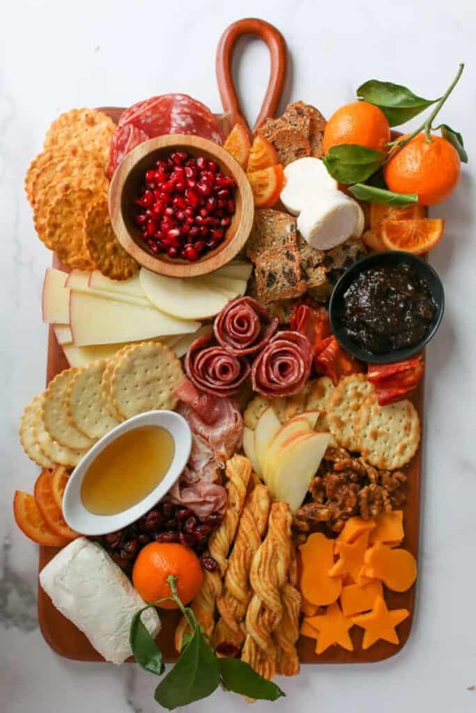 the whole Trader Joe's Winter Cheese & Charcuterie Board overhead photo