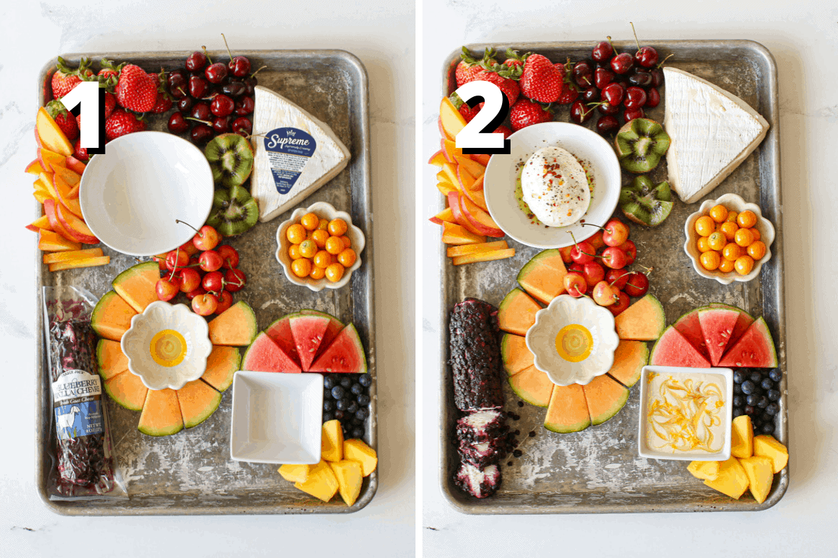 2 side by side photos. Photo 1: has a "1" with white text and offset black background. Fruit, the brie and goat cheese along with small bowls are on a sheet pan. At the top left are whole strawberries, dark red cherries, sliced nectarines and a kiwi cut into a zig zag. In the middle are rainer cherries, goose berries in a small white flower bowl and cantaloupe sliced with rind attached surrounding another small flower bowl. Finally in the bottom right are wedges of mini watermelon, blueberries and sliced mango pieces. Brie is still wrapped in packaging in the upper right of the board and the blueberry vanilla goat cheese in the bottom left of the board. Picture 2 has has a "2" with white text and offset black background. The photo is the same as the previous except burrata is placed in a small white circle bowl in the upper left with olive oil, salt, pepper and chili lake. In the bottom right is a square white bowl with the honey feta dip with a swirl of honey and lemon zest on top.