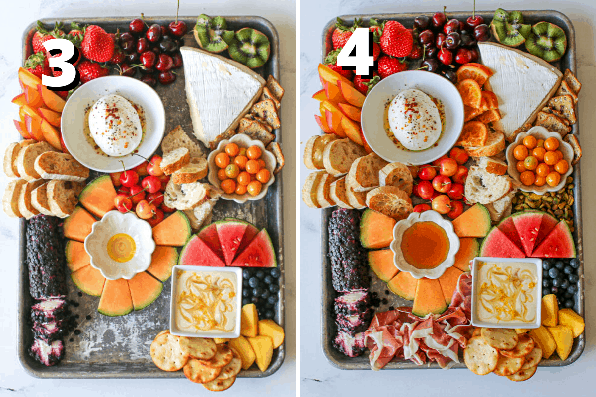 Side by side pictures. First pictures has a "3" in white text with offset black background. It is the same content as the previous pictured except in now includes crackers and sliced bread. In the middle left are slices of toasted ciabatta. To the center is slices of french bread. to the upper right corner are rosemary fig crackers and at the bottom middle are pita crackers. The right pictures has a "4" in white text with a black offset background. It is the same as the previous picture but now includes all the extras. In between the burrata and brie are slices of candied oranges cut in half. In between the gooseberries are watermelon are pistachio. In the middle of the cantaloupe slices, is the small flower bowl that has honey in it. Finally, at the bottom middle in between the goat cheese and pita crackers and a layer of prosciutto slices.