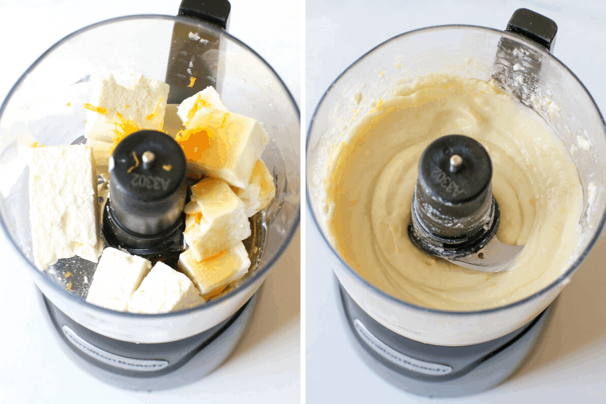 Side by side photos. Photo 1 has a mini food processor without a lid with crumbled greek feta, lemon juice, zest and olive oil and honey. Photo 2 has the same set up as the previous photo except all the ingredients have been blended into a smooth dip. 