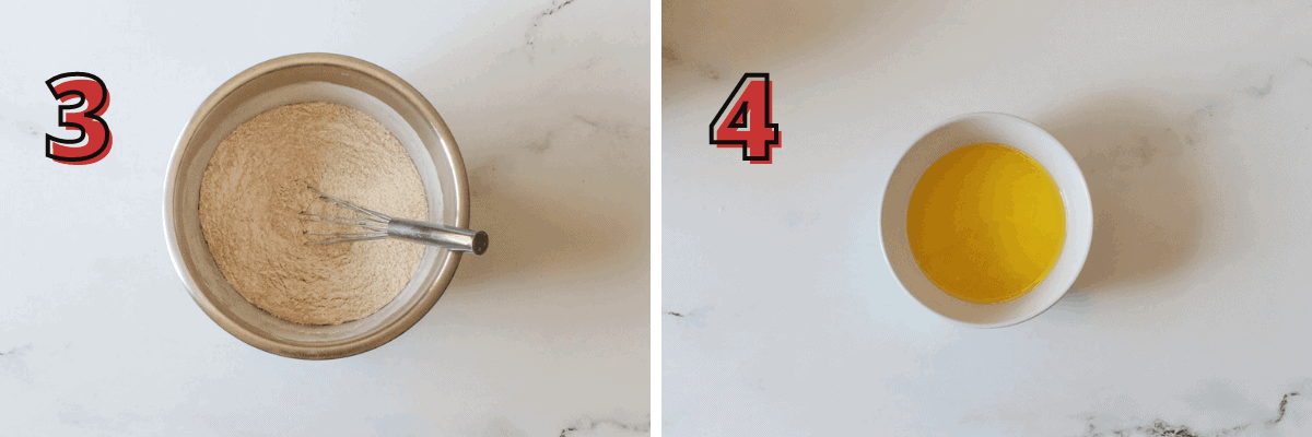 2 side by side pictures that showcase steps 3 and 4 with a red number with a black outline offset for "3" and "4". Step 3 shows dry ingredients in a large silver metal mixing bowl combined with a large silver whisk. Step 4: shows a small white bowl with melted butter.