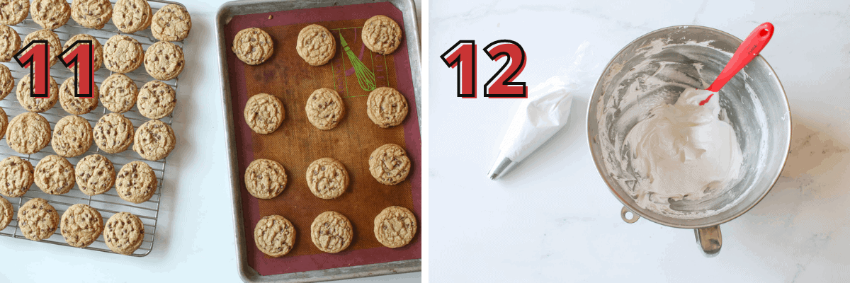 2 side by side pictures that showcase steps 11 and 12 with a red number with a black outline offset for "11" and "12".  Step 11: shows baked cookies on the baking sheet lined with a silicone mat to the right and to the left is a cooling rack full of cookies. Step 12: showcases the marshmallow creme in a stand mixer bowl with some in a piping back with a tip and a red silicone spatula in the mixing bowl.