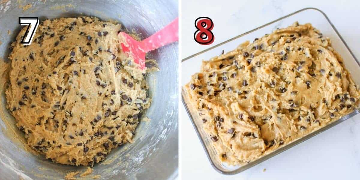 Side by side photos. In the left photo is a '7' in white text with a black outline. Chocolate chips are combined into edible cookie dough with a red spatula. In the right photo, there is a '8' with red text with black outline with chocolate chip cookie dough in a glass rectangle container on a white marble background.
