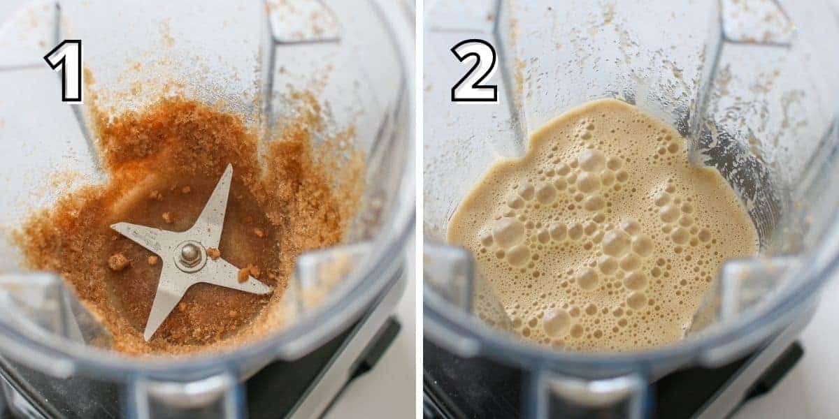 Side by Side photos with a white number in a black outline. The left photo has a '1' and shows a blender with sugar being blended. The right has a '2' a light brown liquid in a blender with lots of bubbles