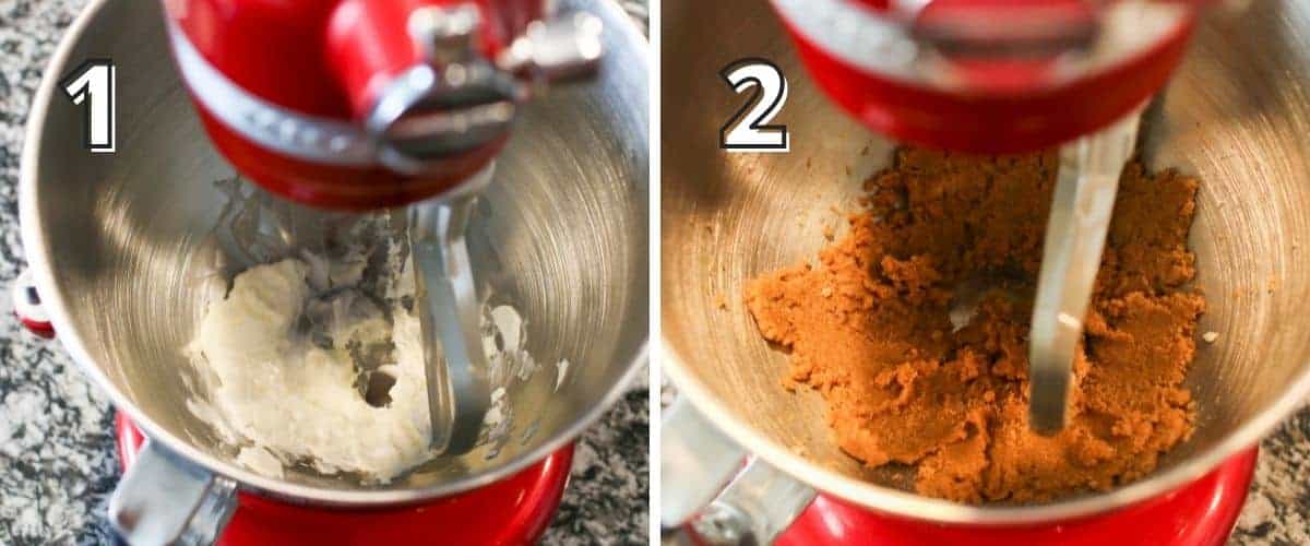 Side by side photos. In the upper left corner is a number indicating the step in white text with black offset outline. In the left photo is a '1' showing a red stand mixer with beater attachment beating butter and shortening together. The right photo with a '2' has both sugar beaten in the butter/shortening mix.