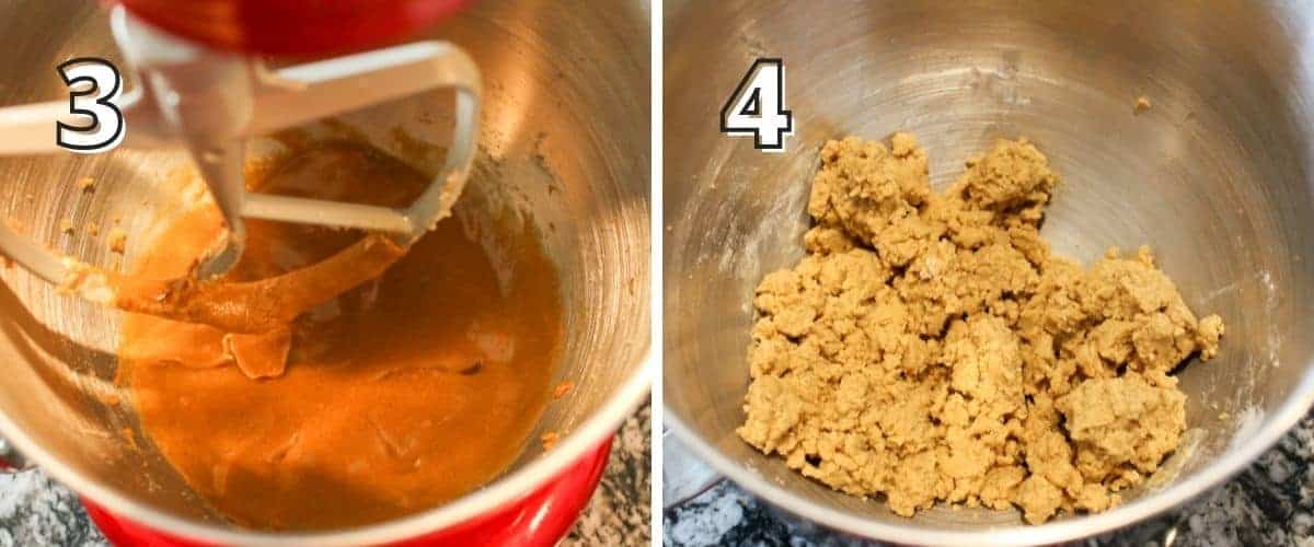 Side by side photos. In the upper left corner is a number indicating the step in white text with black offset outline. In the left photo is a '3' showing a red stand mixer a liquid being beaten together. The right photo with a '4' has a bowl of dough in a stainless steel mixing bowl