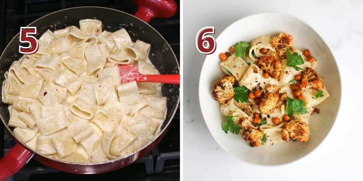Side by side photos with a number in the upper left in a dark red font with white offset outline. In the left photo is a “5” large red skillet on the stove with a creamy sauce with short tubular noodles being mixed in with a red silicone spatula. In the right photo is a “6” with a white low bowl of pasta with crispy chickpeas, roasted cauliflower and Italian parsley.