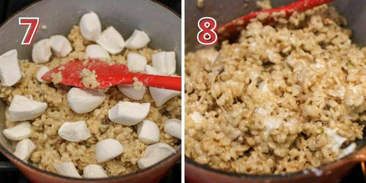 2 step by step photos. This shows steps 7 and 8 in red block text with a white offset outline on top. Step 7 shows the rice krispies all mixed together in dutch oven with the marshmallows cut up all spread out on top with red spatula. Step 8 shows the rice krispies all mixed together with marshmallow chunks spread throughout.