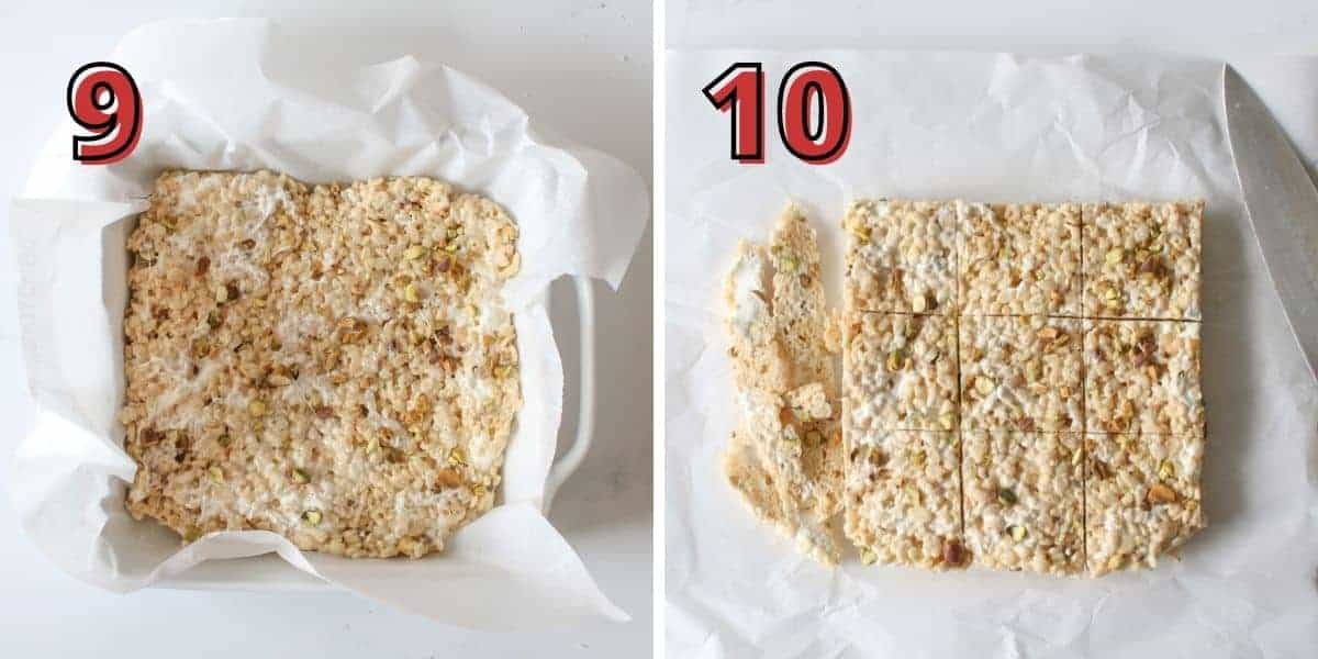 2 step by step photos. This shows steps 9 and 10 in red block text with a black offset outline on top. Step 8 shows the rice krispy mixture turned into the prepared white square baking pan lined with parchment paper with rice krispies pressed out and pistachios and salt on top. Step 10 shows the rice krispies cut into 9 squares with the edges trimmed and knife off to the side on a piece of parchment paper.