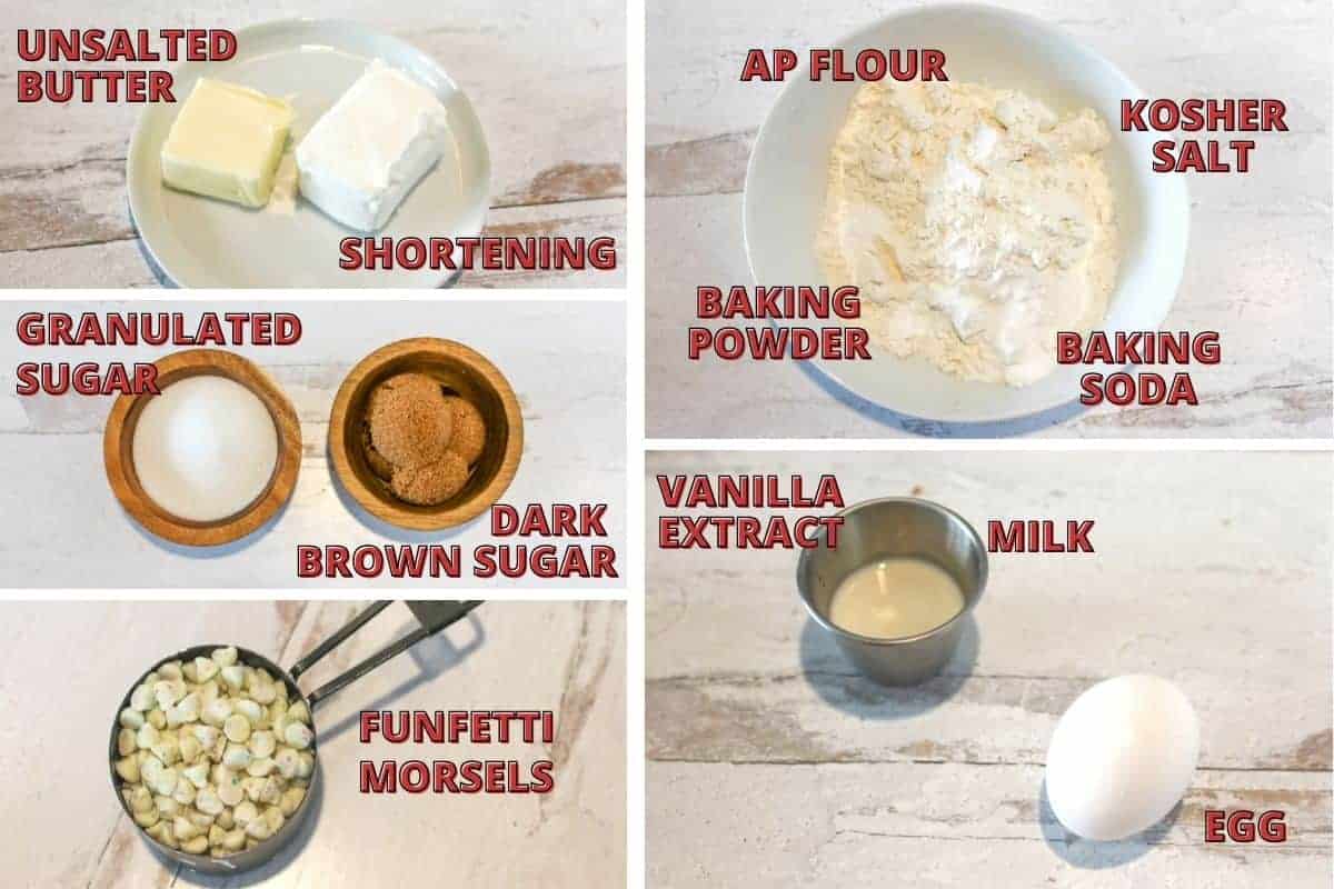 5 photo grid with cookie cake ingredients pictured. Each ingredient is labeled with a red text with black outline.