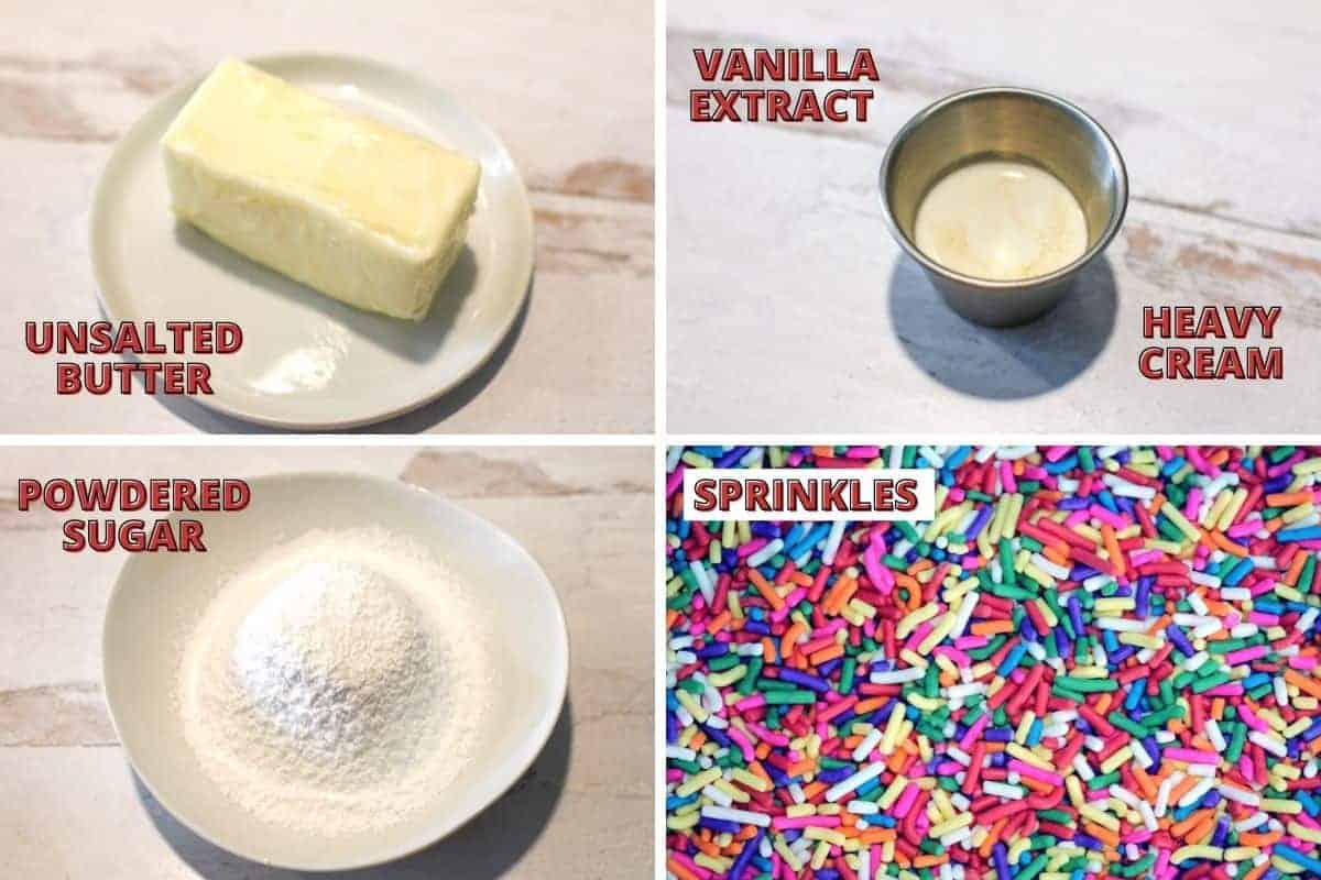 4 photo grid showing the frosting and topping ingredients for vanilla frosting. Each item is labeled in red text with a black outline.