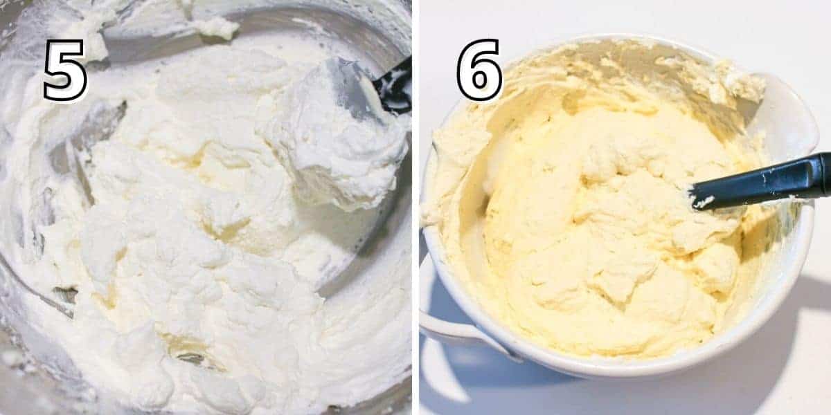 Side by side photos. In the upper left corner is a number indicating the instruction step. The number is in white text with black outline. The left photo has a '5' and shows thickened whip cream in a steel bowl. The right photo has a '6' and mixing bowl with super thick egg-mascarpone mixture being folded in with a silicone spatula.