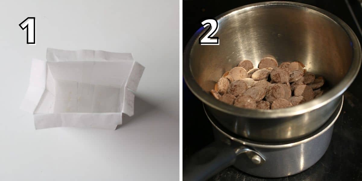 Side by side photos, With a number in the upper left corner in white with a black outline indicating the step #. The left has a '1' and shows a bag cut and opened up. The right has a '2' and shows a small metal bowl with chocolate wafers inside sitting on a small saucepan.