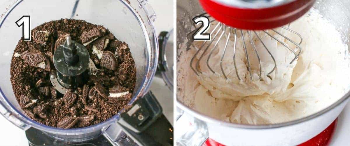 Side by side photos. A number is in the upper left corner indicating the step with white text and black offset outline. In the left '1' is a food processor with the top removed with crushed oreos and oreo chunks. The right '2' shows whipped cream being whipped in a red stand mixer with a whisk attachment.