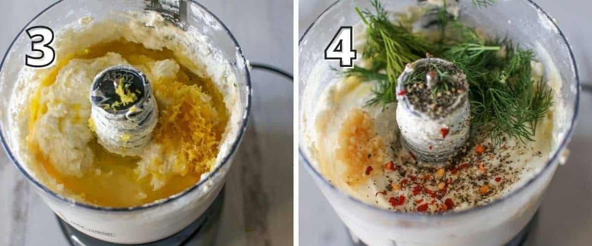 Step by step photo with each photo has a # in the upper left corner with white text with black outline. The left photo shows feta, cream cheese, lemon and olive oil being blended in a mini food processor with a '3'. The right photo shows the same dip in the mini food processor with pepper, chili flake, garlic and dill with a '4.