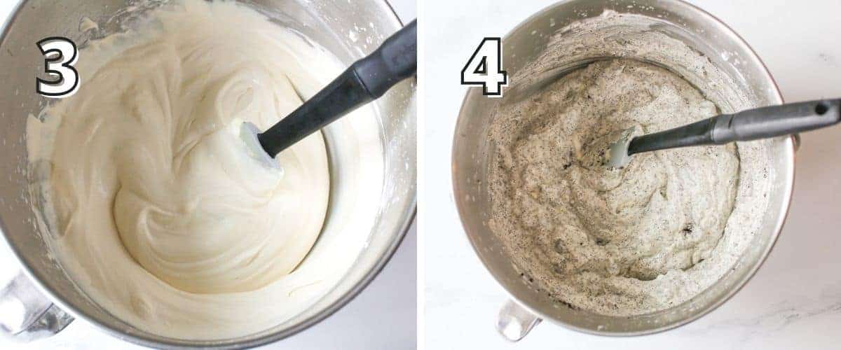 Side by side photos. A number is in the upper left corner indicating the step with white text and black offset outline. In the left '3' has condensed milk being hand mixed into whipped cream using a silicone spatula in a large metal bowl The right '4' shows the same bowl with oreo crumbs being mixed into the whip cream condensed milk mixture.