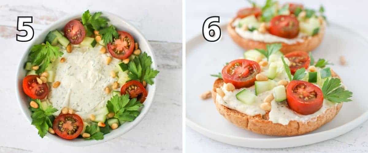 Step by step photo with each photo has a # in the upper left corner with white text with black outline. The left photo shows tzatziki feta cream cheese spread in a small bowl with tomato, cucumber, pine nuts and parsley decorated on top with a '5'. The right photo shows the spread on a toasted bagel and topped with cherry tomatoes, diced cucumber, pine nuts and parsley with a '6.