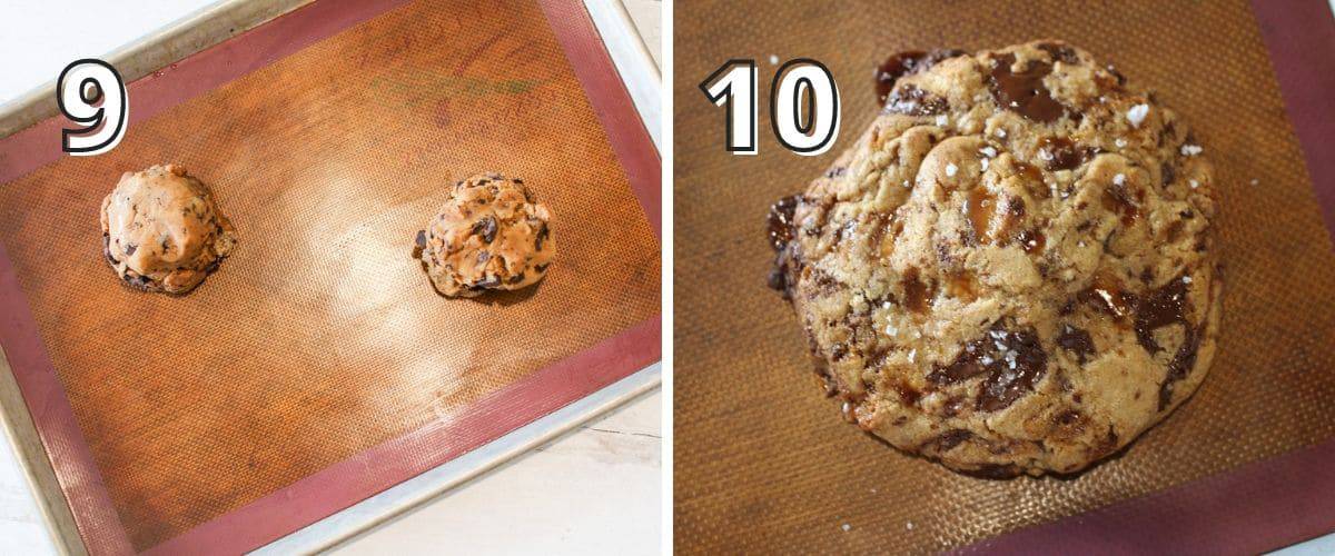 Side by side photos. In the upper left corner is a # in white indicating what step. The left '9' shows 2 cookie dough balls on a silicone mat on a baking tray. The right '10' shows a baked cookie on a silicone mat.