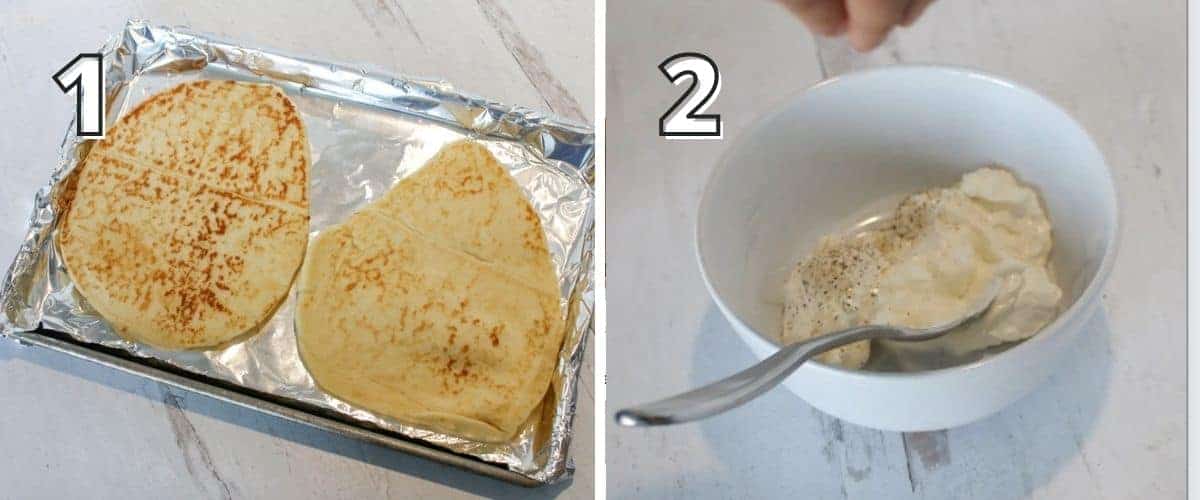 Step by step photos. A number representing the step in the upper left corner in black outline. In the left photo '1' shows 2 naan on a sheet pan with aluminum foil. The right photo '2' shows a white bowl with mayo and sour cream with seasoning and a spoon.