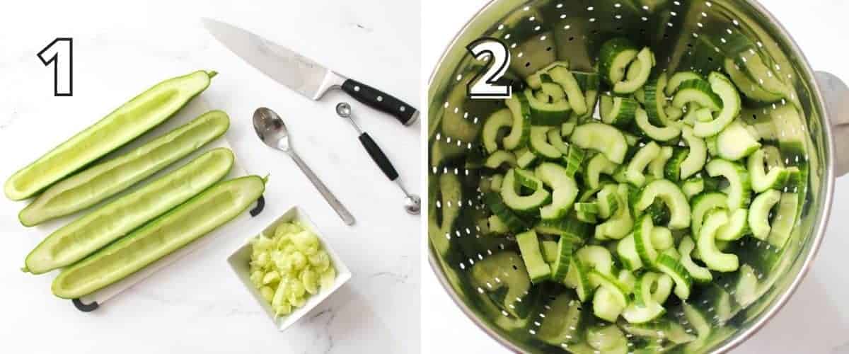 Side by side photos. In the upper left corner is a number in white with a black outline showcasing the step #. The left '1' shows cucumbers sliced in half with the seeds removed. The right photo '2' shows cucumber slices in ¼-1/2 inch slices in a colander with salt.