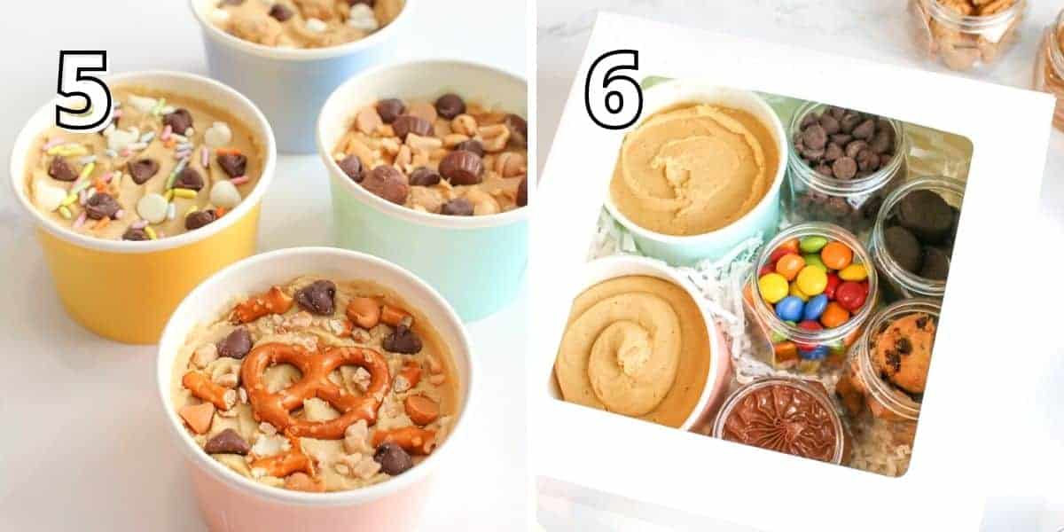 Step by step photos. In the upper left corner is a number in white with a black outline indicating the instruction step. The left photo with '5' has 4 small containers each with pre mixed edible cookie dough. The right photo with a '5' has a white box with 2 small container of just cookie dough with 5 different toppings/mix-ins in small plastic jars.