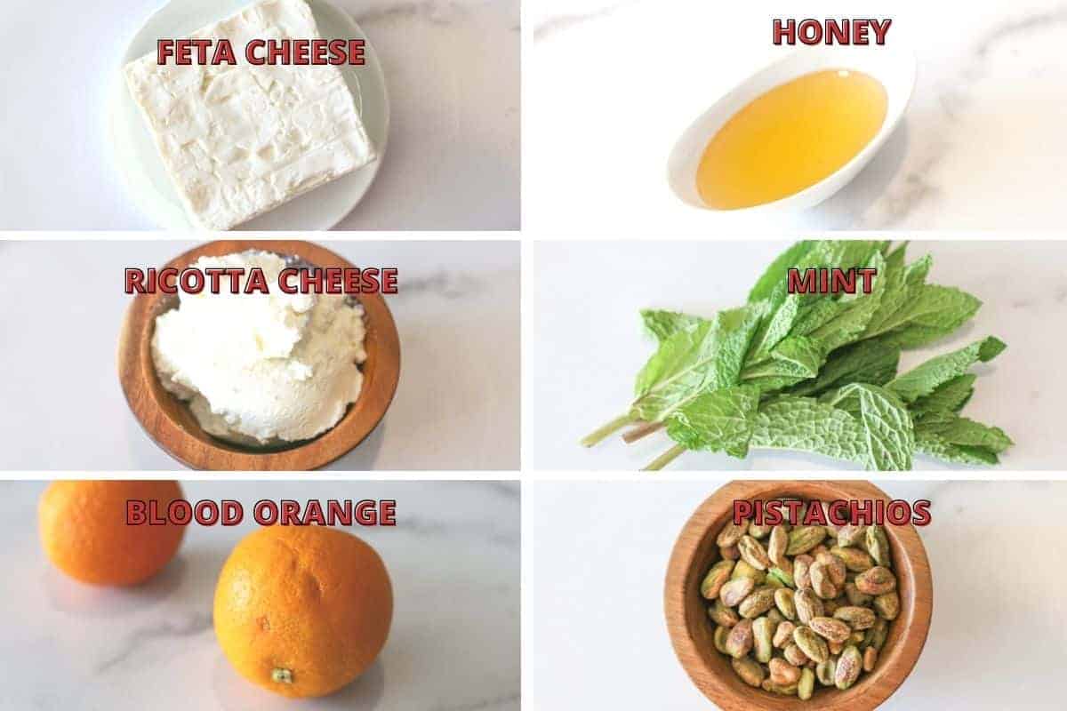 A six photo grid. There a dark red text in the upper middle indicating each item. The items include feta, honey, ricotta cheese, blood orange, mint and pistachios. 