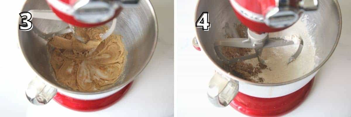 Side by side photos. Each photo has a # in the upper left corner in white with a black offset outline to indicate the corresponding instruction. The left photo has a '3' and shows wet ingredients being beaten into the dough by a red stand mixer with a beater attachment. The right photo has a '4' and shows flour added to the dough in the red stand mixer.