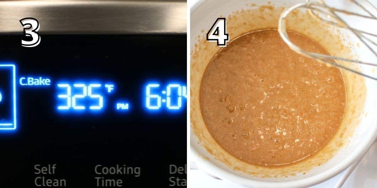 Side by side photos. With a number in the upper left corner in white text and black outline to indicate the step #. The left '3' shows an oven set to 325 degrees Fahrenheit. The right '4' shows a mixing bowl with liquid mixture and a hand mixer off to the side.
