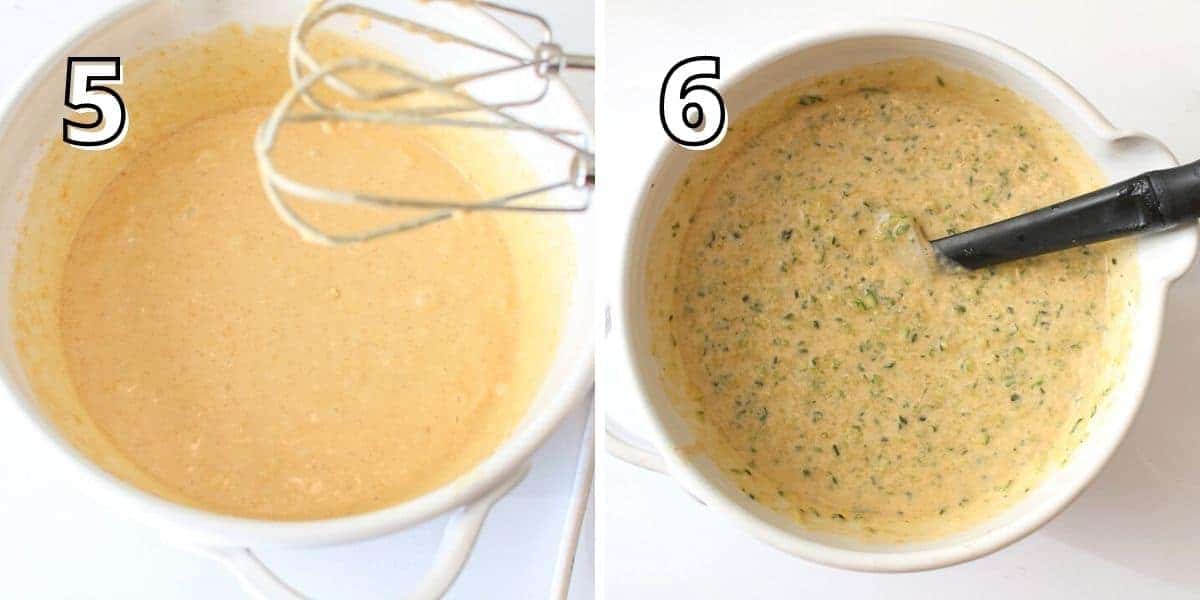 Side by side photos. With a number in the upper left corner in white text and black outline to indicate the step #. The left '5' shows a lighter batter mixed together in a mixing bowl with a hand mixer off to the side. The right '6' shows shredded zucchini being mixed into the batter with a silicone spatula.