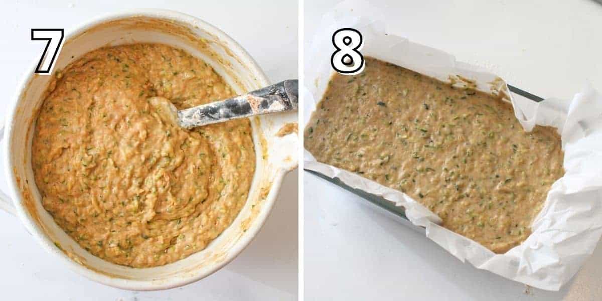 Side by side photos. With a number in the upper left corner in white text and black outline to indicate the step #. The left '7' shows a zucchini bread batter in a mixing bowl with a silicone spatula. The right '8' shows the zucchini bread batter poured into a loaf pan lined with parchment paper.