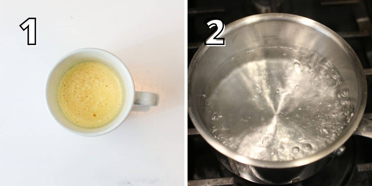 Side by side photos with a number in the upper left corner in white with a black offset outline to indicate the corresponding recipe step. For '1' it shows a mug with eggs hand blender. The '2' shows a pot of simmering water. 