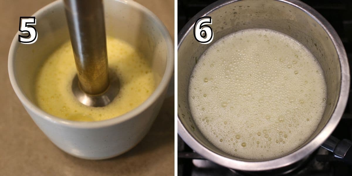 Side by side photos with a number in the upper left corner in white with a black offset outline to indicate the corresponding recipe step. For '5' it shows a mug with eggs being mixed together with a hand blender/immersion blender. '6' shows a small steel bowl with lots of bubbles.