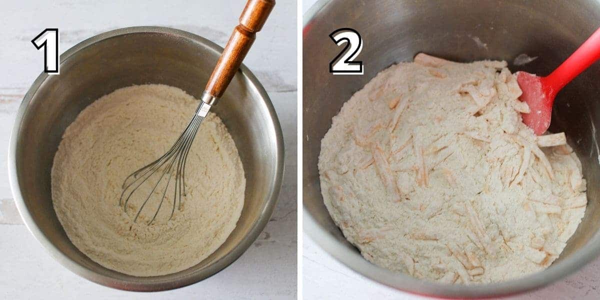 Side by side photos. A number is in the upper left corner with white text with a black outline. The left '1' shows flour in a large mixing bowl with a whisk. The right '2' shows thick cut cheese being mixed with dry ingredients in a large steel mixing bowl with a red silicone spatula.