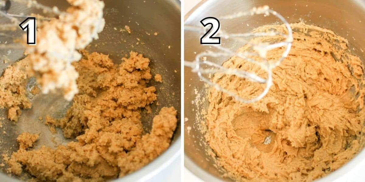 Side by side photos. In the upper left corner is a number in white text with a black offset text outline. The left '1' is butter and sugar beaten together. The right '2' shows a slightly wetter dough.