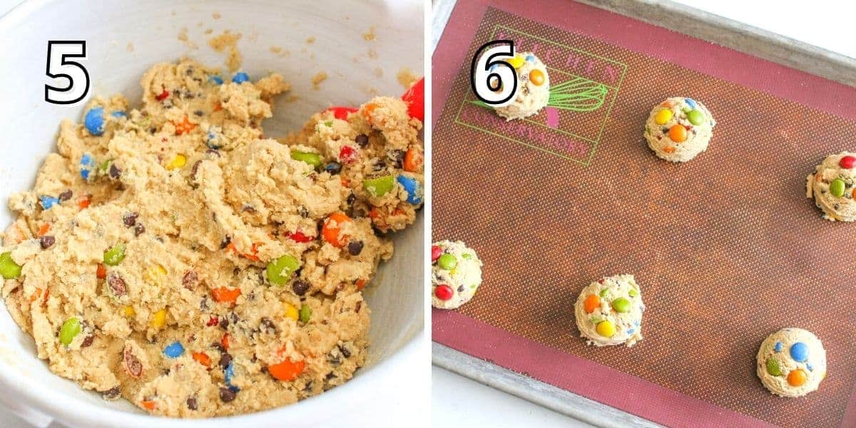 Side by side photos. A number is in the upper left corner in white with a black offset outline. The left '5' M&M and chocolate chip cookie dough in a mixing bowl with a red silicone spatula in the dough. The right '6' shows 6 m&m cookie dough balls on a sheet pan with a silicone pad. Each cookie dough ball is topped with 3-5 additional m&ms.