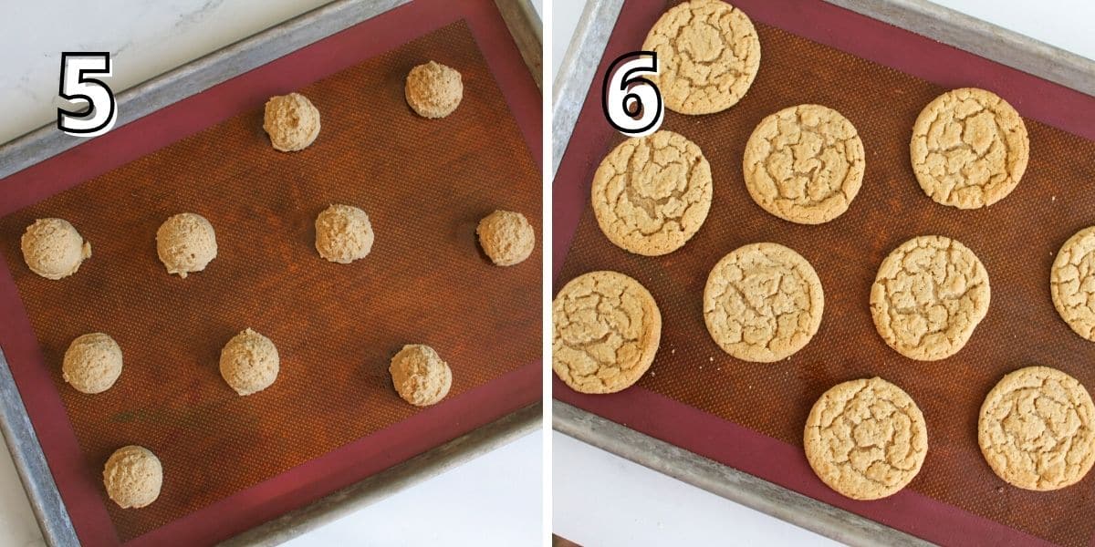 Side by side photos. A number is in the upper left corner with white with black outline. The left '5' has peanut butter dough scoop onto a baking sheet lined with a silicone mat. The right '6' has baked peanut butter cookies on a baking sheet.