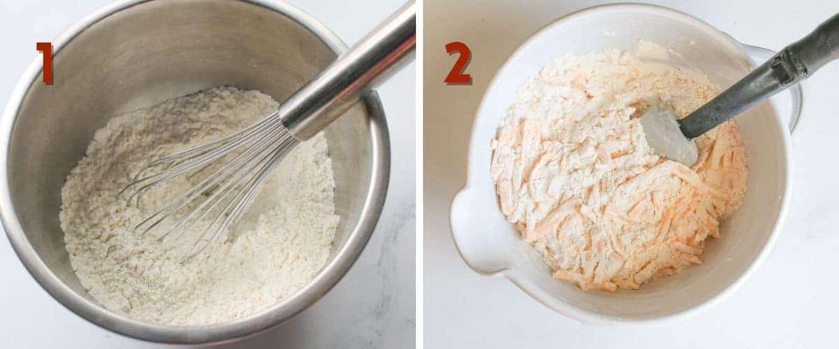 Side by side photos. A number is an upper left corner indicating what step it is in dark red. Left '1' shows dry ingredients in a metal bowl with a whisk. The right '2' is dry ingredients and cheese in a mixing bowl with a silicone spatula.