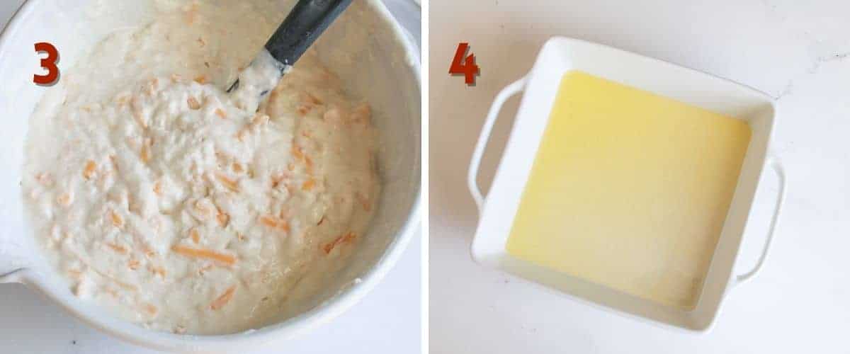 Side by side photos. A number is an upper left corner indicating what step it is in dark red. The left '3' is biscuit batter in a mixing bowl with a silicone spatula. The right '4' shows melted butter in a white square pan.