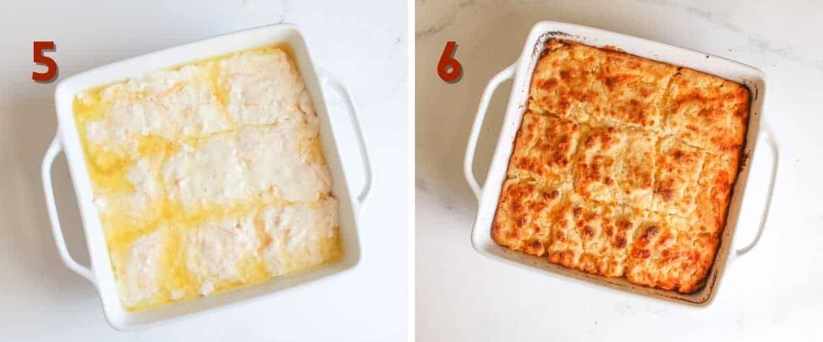 Side by side photos. A number is an upper left corner indicating what step it is in dark red. The left '5' shows biscuit batter in a white square pan with knife cuts into 9 square. The right '6' shows fully baked biscuits.