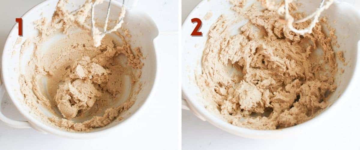 Side by side photos. In the upper left corner is a number with corresponds with the step in the recipe in red. The left '1' has butter and sugar beaten in a mixing bowl. The right 2' has a cookie dough in a mixing bowl. 