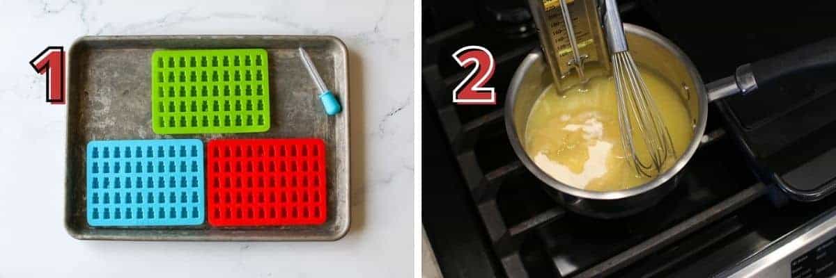 Side by side photos. A number in the upper left corner indicates the step in the recipe. The left '1' shows gummy bear molds on a sheet pan. The right '2' shows a liquid mixture on the stove with a whisk and candy thermometer.