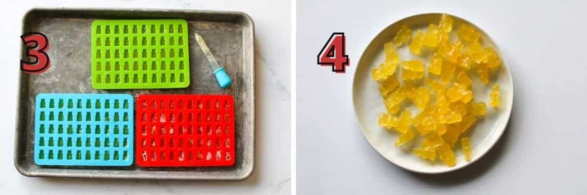 Side by side photos. A number in the upper left corner indicates the step in the recipe. The left '3' shows the gummy bear molds filled on a sheetpan. The right '4' shows gummy bears on a small white plan.