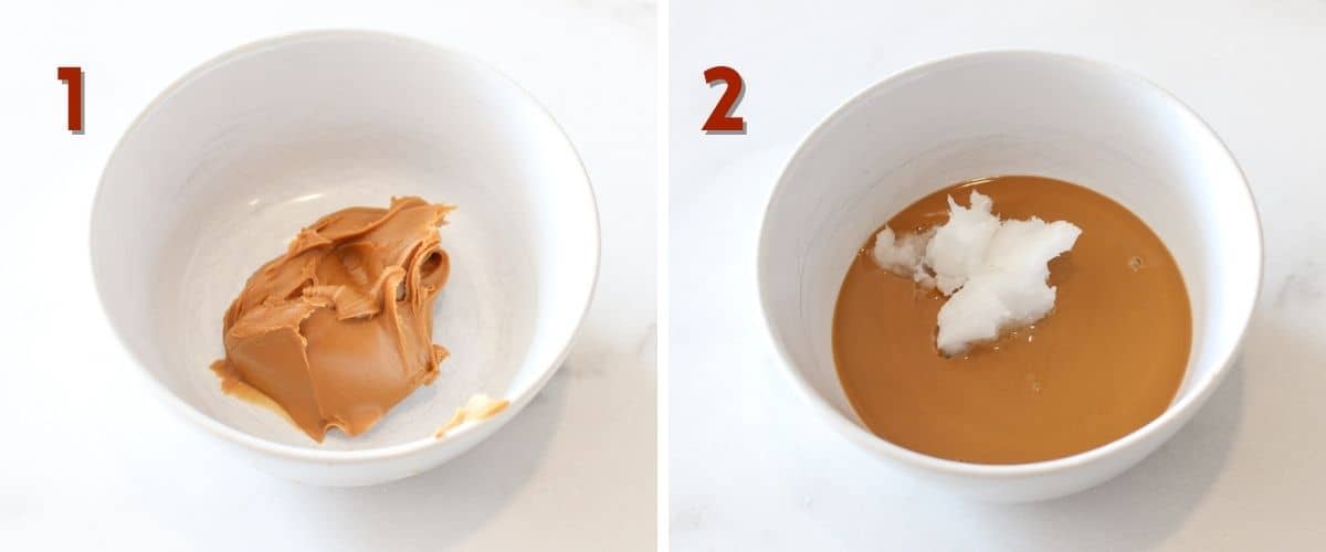 Side by side photos. In the upper left corner is a number indicating the step in the instructions in red. The left '1' shows a white bowl with cookie butter. The right '2' shows melted cookie butter in a white bowl with coconut oil.