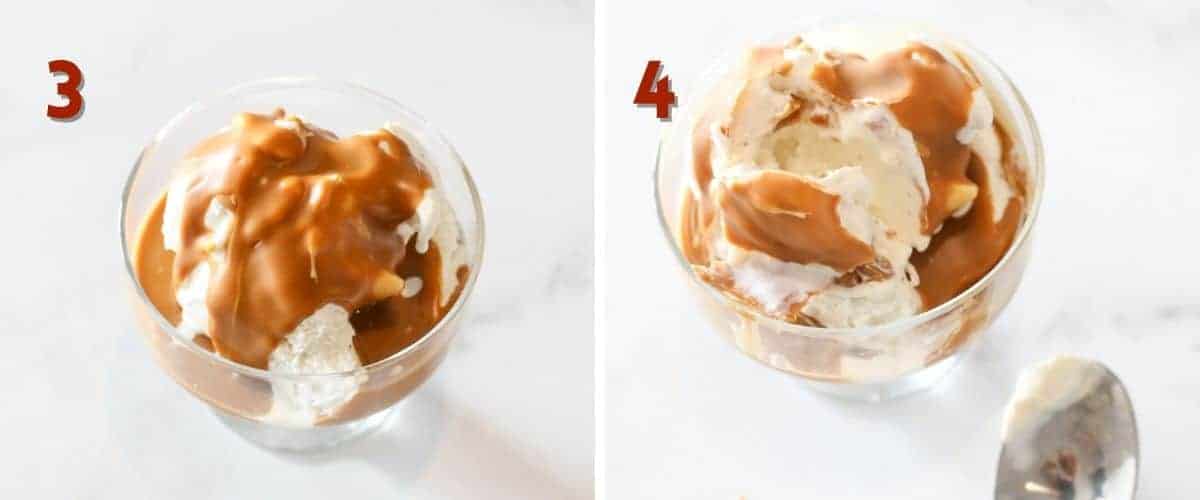 Side by side photos. In the upper left corner is a number indicating the step in the instructions in red. The left '3' shows melted cookie butter on top of vanilla ice cream in a clear ice cream bowl. The right '4' shows a spoon digging into vanilla ice cream with magic shell.