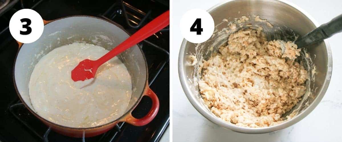 Side by side photos. Each photo has a black # in a white circle in the upper left corner. The left '3' shows a marshmallow liquid mixture in a red dutch oven with a red silicone spatula. The right '4' shows rice krispies cereal tossed in the marshmallow mixture in a large steel bowl with a grey and black silicone spatula.